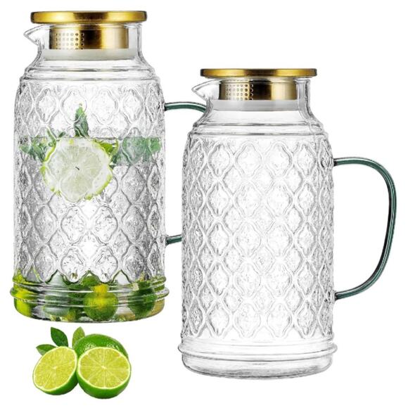 Buaic Other - Glass Pitcher with Lid, 2 PACK 84 oz/2.5L Liter Vintage Water Pitcher, Clear Bor